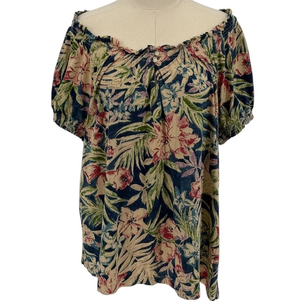 CHAPS Women's 2X Off The Shoulder Floral Smocked Top‎ Short Sleeve Boho Beach